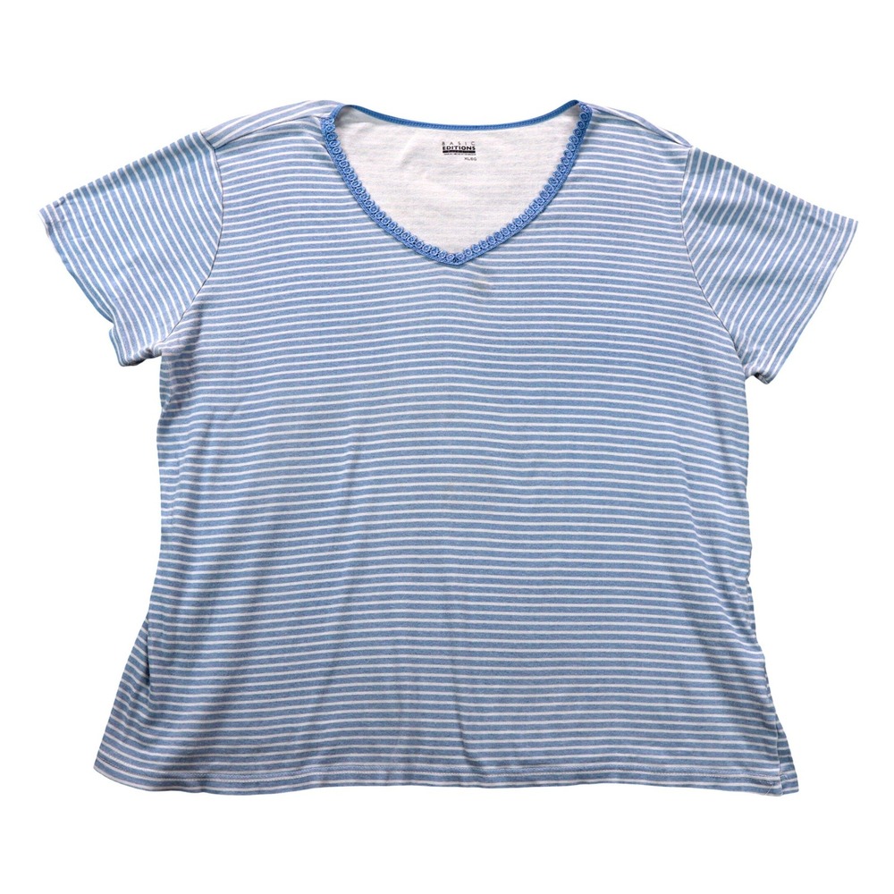 Basic Editions Blue White Striped Lace Trim V-Neck T-Shirt XL Vintage 90s Granny